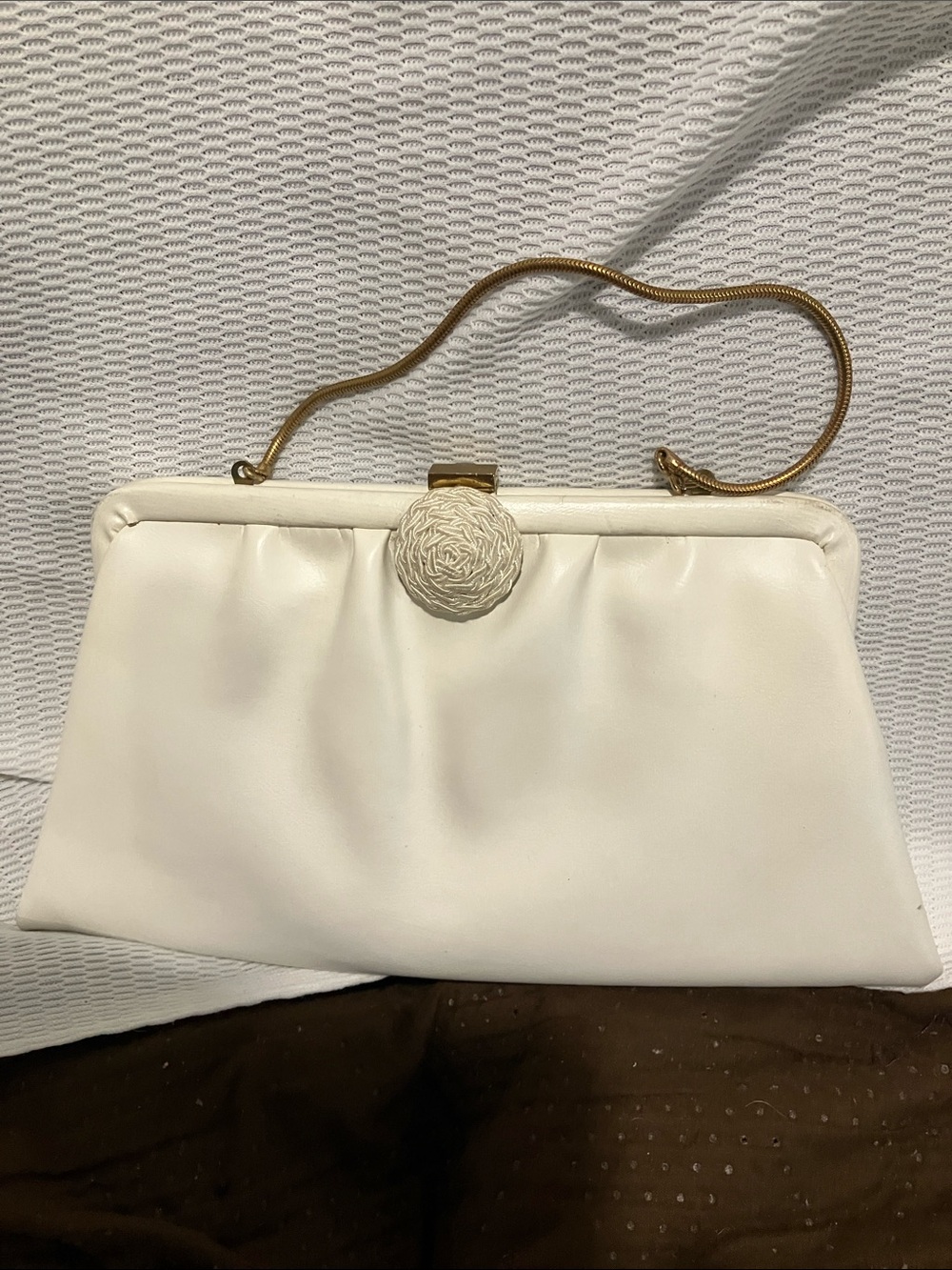 Cream Floral-Clasp Evening Clutch with Gold Chain